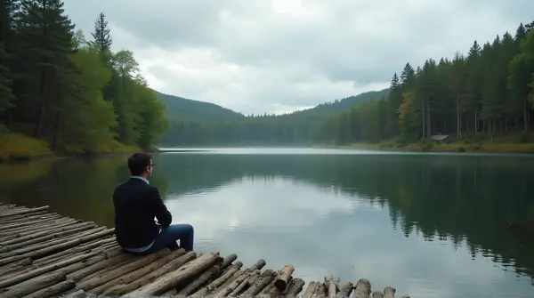 Man Sitting On Wooden Platform By Reflective Water