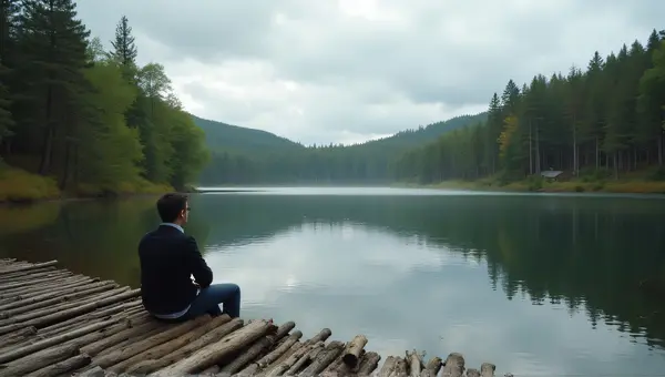 Man Sitting On Wooden Platform By Reflective Water