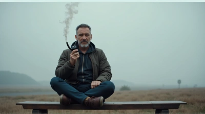 Man Smoking Pipe Outdoors On Wooden Bench