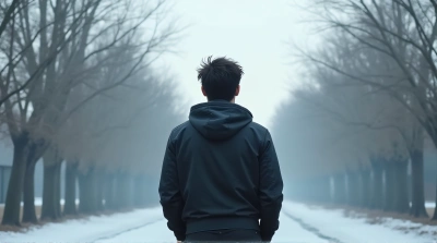 Man Standing Alone On Frosty Ground With Bare Trees