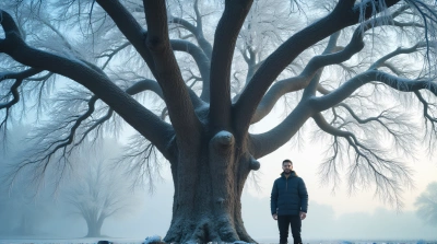 Man Standing Beneath Frosted Tree With Light