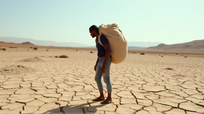 Man Standing With Large Bag On Dry Cracked Ground