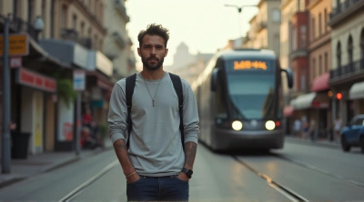 Man Standing Next To Train On Urban Street