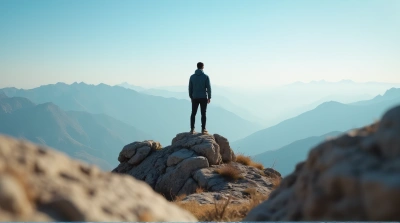 Man Standing On Rocky Summit Under Clear Sky
