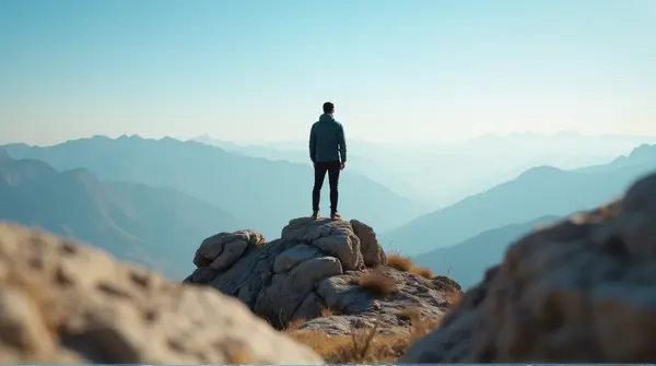 Man standing on a rocky summit under a clear sky with distant ridges in the background