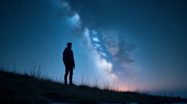 Man standing on a gently rising slope beneath a luminous sky filled with twinkling celestial bodies, seen from a low angle.