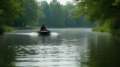 Man Steering Small Boat On Reflective Pond