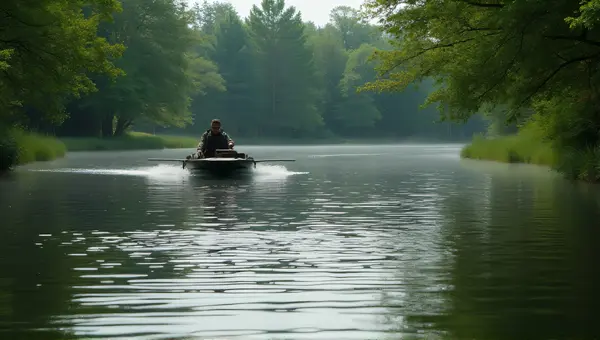 Man Steering Small Boat On Reflective Pond