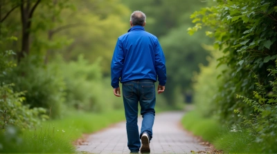 Man Striding on Forest Trail in Casual Wear