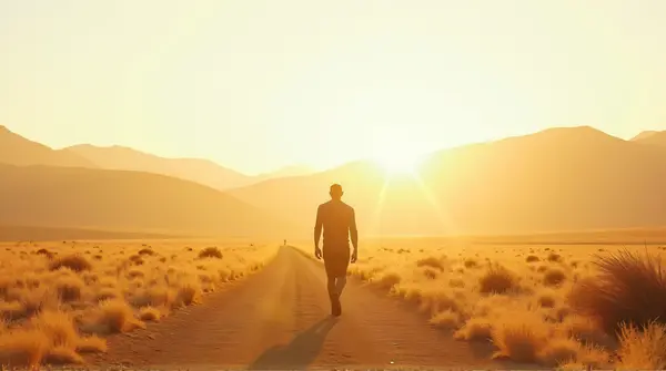 Man Striding Through Golden Plain In Soft Sunlight