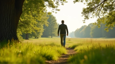 Man Striding Through Lush Meadow Landscape