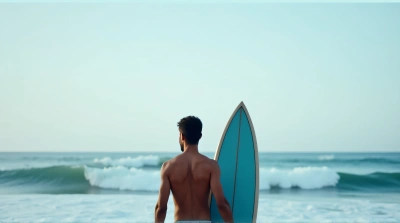 Man With Surfboard Facing Ocean Waves