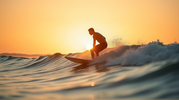 A man riding a surfboard on rippling water beneath a warm amber sky with an expansive horizon.