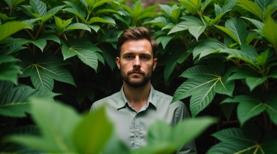 Man Surrounded By Lush Tropical Foliage