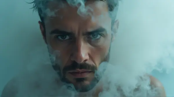 Close-up of a man partially covered by swirling vapor showing intricate movement and patterns.