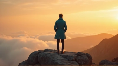 Man In Teal Coat On Rugged Stone Outcrop At Sunset