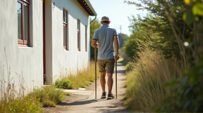 Man Using Cane Near White Building On Trail