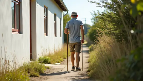 Man Using Cane Near White Building On Trail