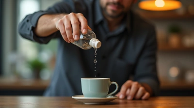 Man Using Dropper Over Mug On Wooden Table