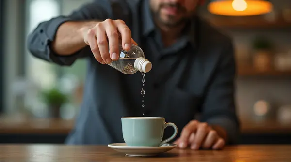 Man Using Dropper Over Mug On Wooden Table