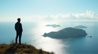 Man Viewing Rocky Islets Over Shimmering Sea