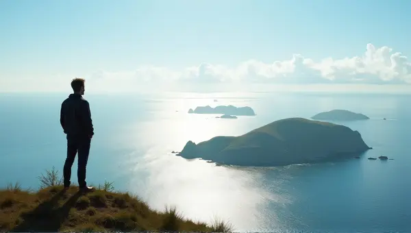 Man Viewing Rocky Islets Over Shimmering Sea