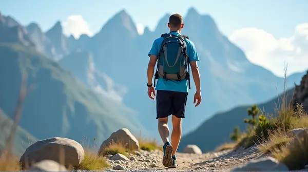 Man Walking Across Stone Terrain With Backpack