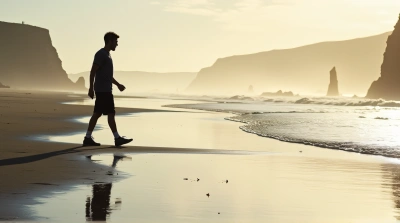 Man Walking By Calm Water At Sunrise