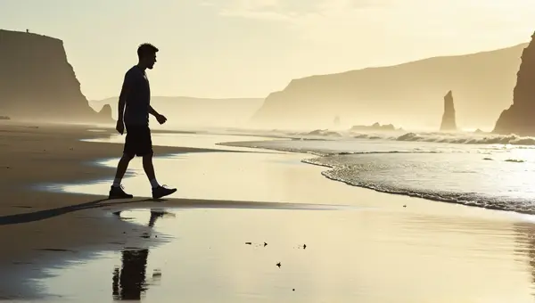 Man Walking By Calm Water At Sunrise