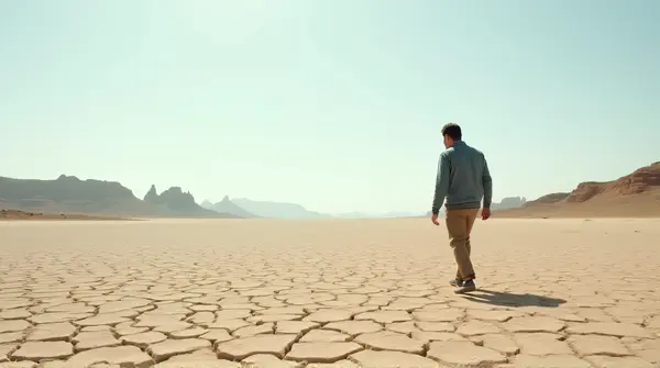 Man Walking On Cracked Earth Under Clear Sky