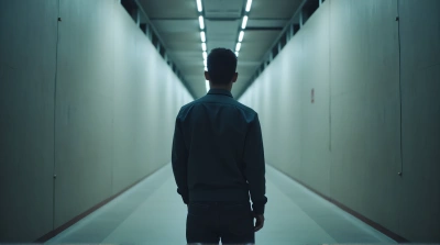 Man Walking Down Corridor With Modern Lighting