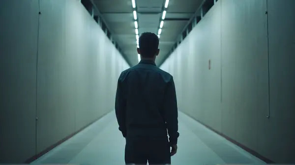 Man Walking Down Corridor With Modern Lighting