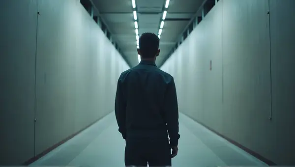 Man Walking Down Corridor With Modern Lighting