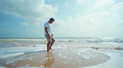 Man Walking On Wet Sand By Ocean Waves
