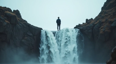 Man On Waterfall With Rugged Rocks Under Cloudy Sky