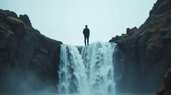 A lone man stands on a waterfall surrounded by jagged rocks beneath an overcast sky, seen from below.