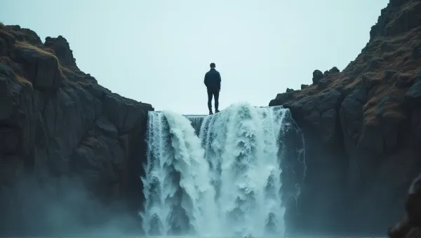 Man On Waterfall With Rugged Rocks Under Cloudy Sky