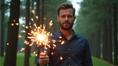 Man Waving Sparkler In Park With Swirling Sparks