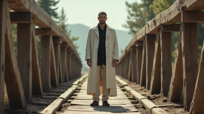 Man Wearing Long White Coat on Rustic Timber Span