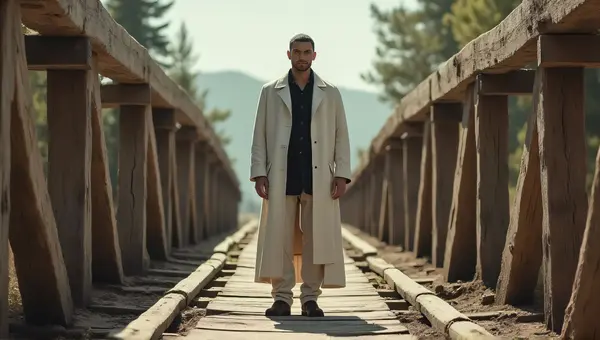 Man Wearing Long White Coat on Rustic Timber Span
