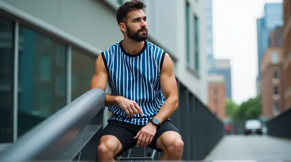 Man in blue and white striped sleeveless shirt perched on black railing with city buildings behind him