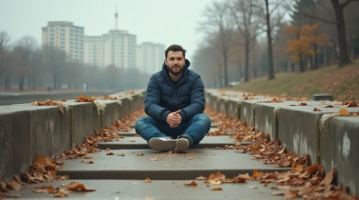 Man On Weathered Concrete With Autumn Leaves