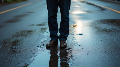 Man On Wet Asphalt With Puddles Low Angle