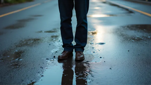 Man On Wet Asphalt With Puddles Low Angle