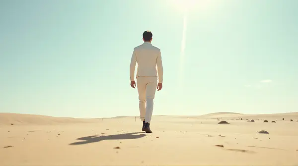 A man in a white jacket walking confidently on sunlit sandy ground with clear sky above.