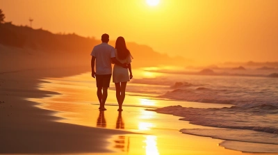 Man And Woman Striding On Sandy Beach At Sunset