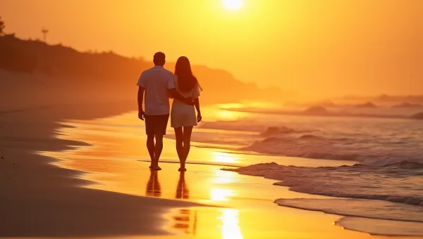Man And Woman Striding On Sandy Beach At Sunset