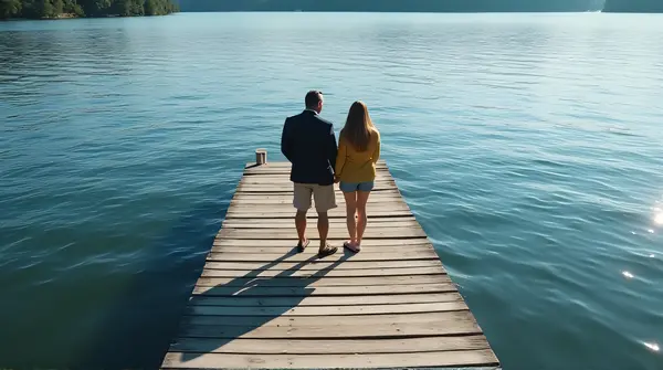Man and woman standing side by side on gray planks by a tranquil lake with sunlight casting soft shadows.