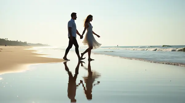 Man and woman walking side by side on a sandy bank with their reflections in rippling water under a clear sky.