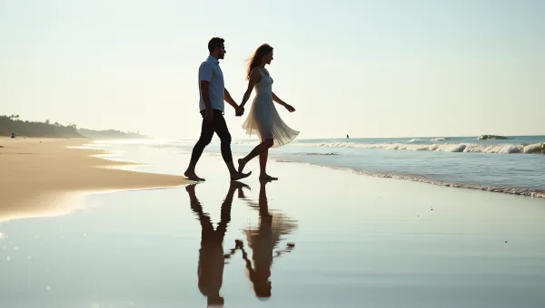Man And Woman Walking By Reflective Water Bank